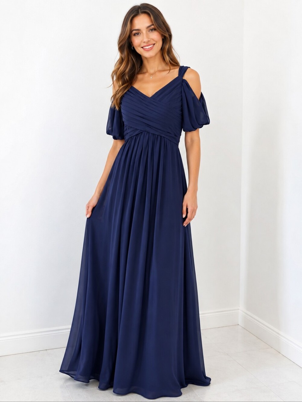 JJs House Navy Chiffon Evening Gown Maxi with Size M Bust 34 Waist 32